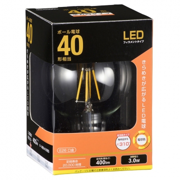 LEDフィラメントタイプボール球 E26 40形相当 電球色 [品番]06-3477